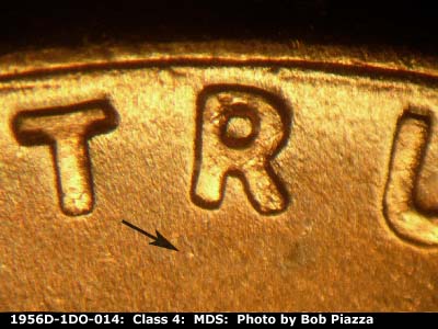 Die-stage B marker on 1956D•1DO•014 (1956 Doubled Die Obverse).