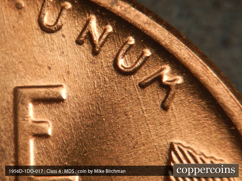Die-stage B marker on 1956D•1DO•017 (1956 Doubled Die Obverse).