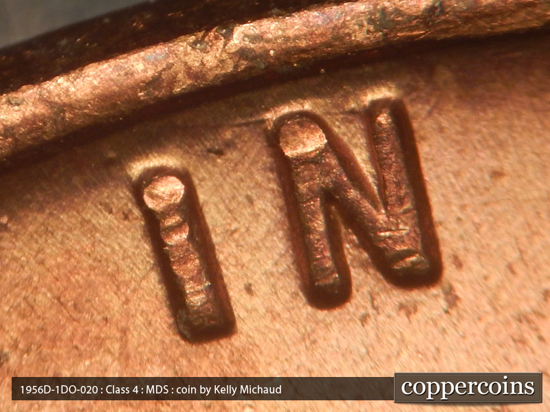 Die-stage B marker on 1956D•1DO•020 (1956 Doubled Die Obverse).