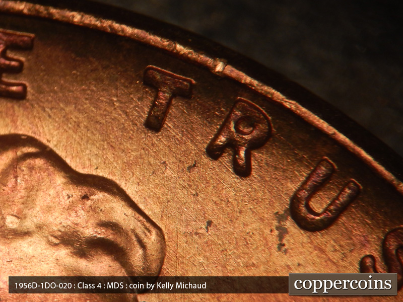 Die-stage B marker on 1956D•1DO•020 (1956 Doubled Die Obverse).