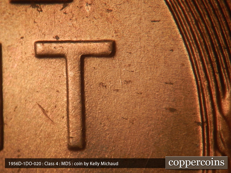 Die-stage B marker on 1956D•1DO•020 (1956 Doubled Die Obverse).