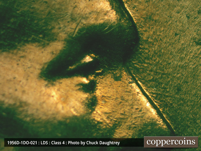 Die-stage C marker on 1956D•1DO•021 (1956 Doubled Die Obverse).