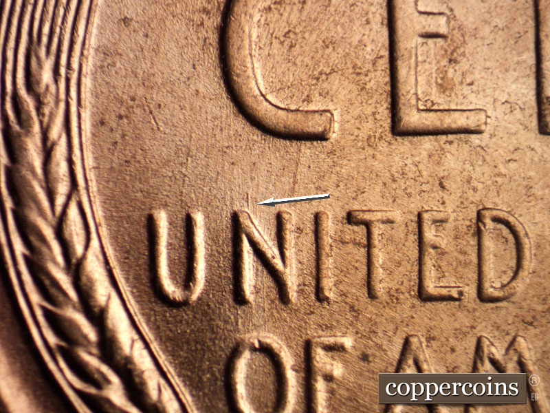 Die-stage C marker on 1956D•1DO•025 (1956 Doubled Die Obverse).