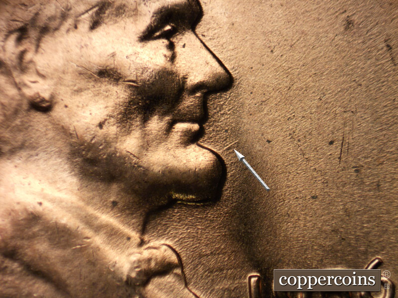 Die-stage C marker on 1956D•1DO•030 (1956 Doubled Die Obverse).