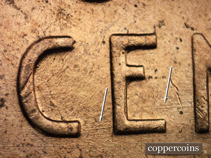 Die-stage C marker on 1956D•1DO•034 (1956 Doubled Die Obverse).