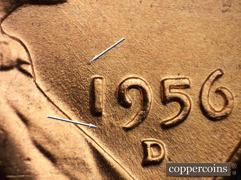 Die-stage B marker on 1956D•1DO•035 (1956 Doubled Die Obverse).