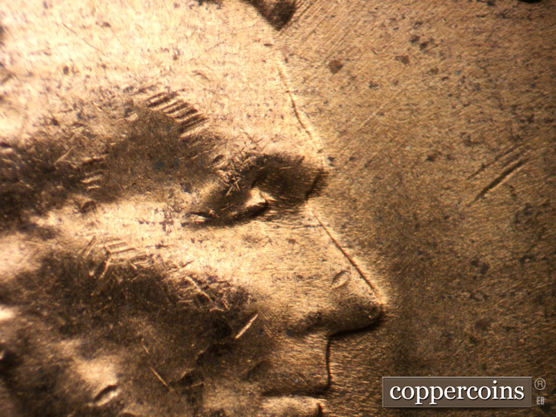 1956 Lincoln cent obverse, CopperCoins die 1956D•1DO•039.