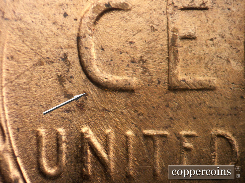 Die-stage B marker on 1956D•1DO•039 (1956 Doubled Die Obverse).