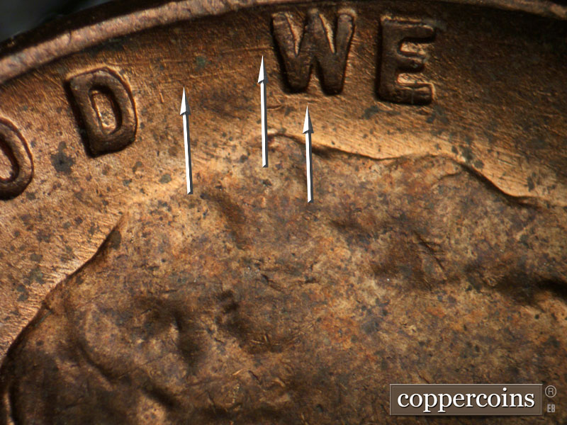Die-stage B marker on 1956D•1DO•041 (1956 Doubled Die Obverse).