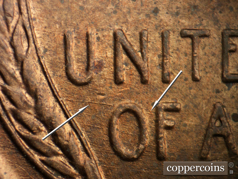 Die-stage B marker on 1956D•1DO•041 (1956 Doubled Die Obverse).
