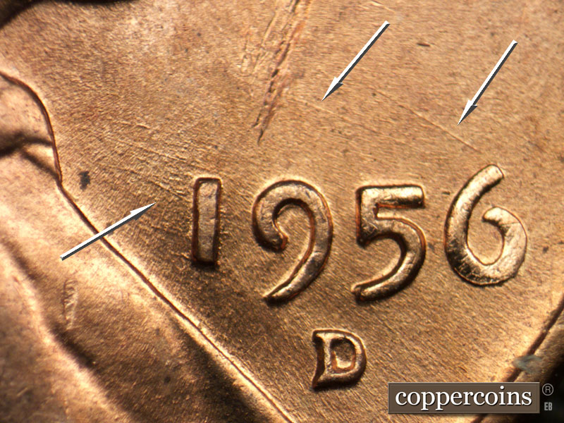 Die-stage B marker on 1956D•1DO•042 (1956 Doubled Die Obverse).
