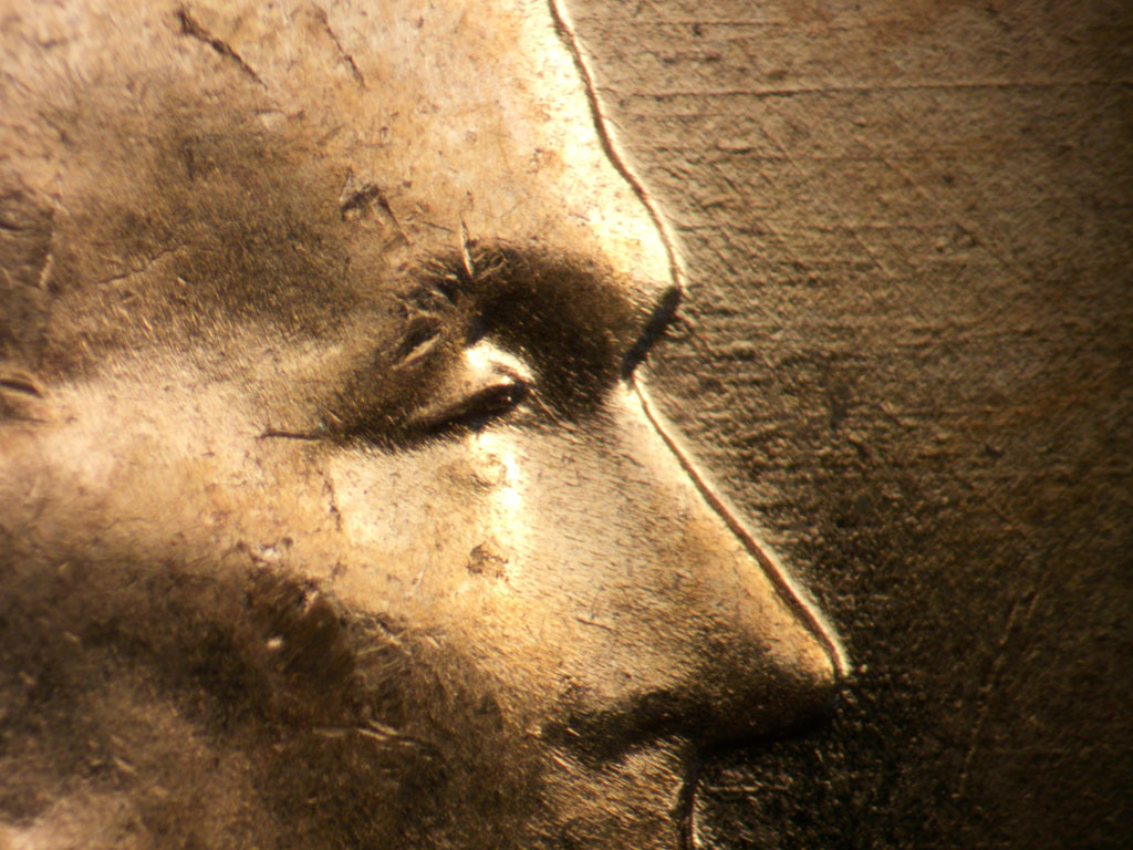 1956 Lincoln cent obverse, CopperCoins die 1956D•1DO•045 — E/W die scratches in front of face.