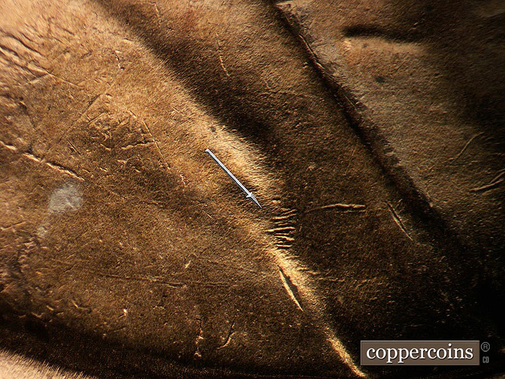 Die-stage B marker on 1956D•1DO•045 showing Die gouges in shoulder fold.