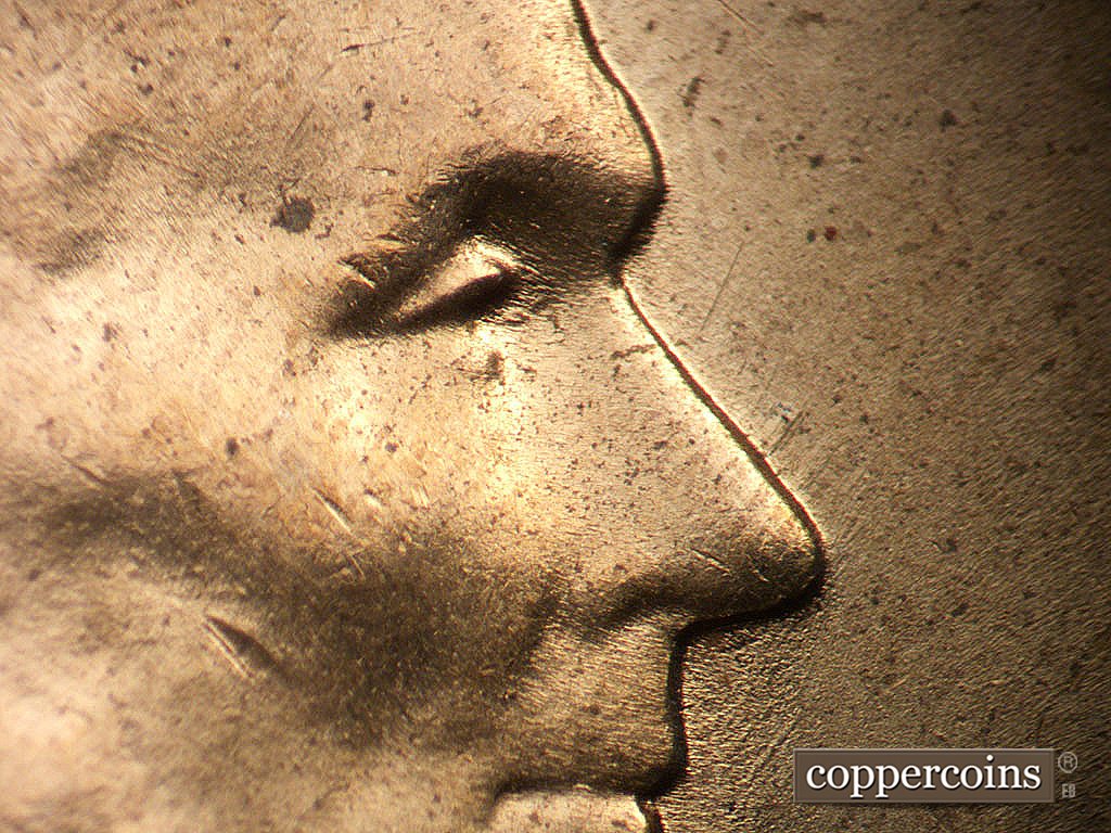 Die-stage B marker on 1956D•1DO•046 showing NE die scratches from front of face.