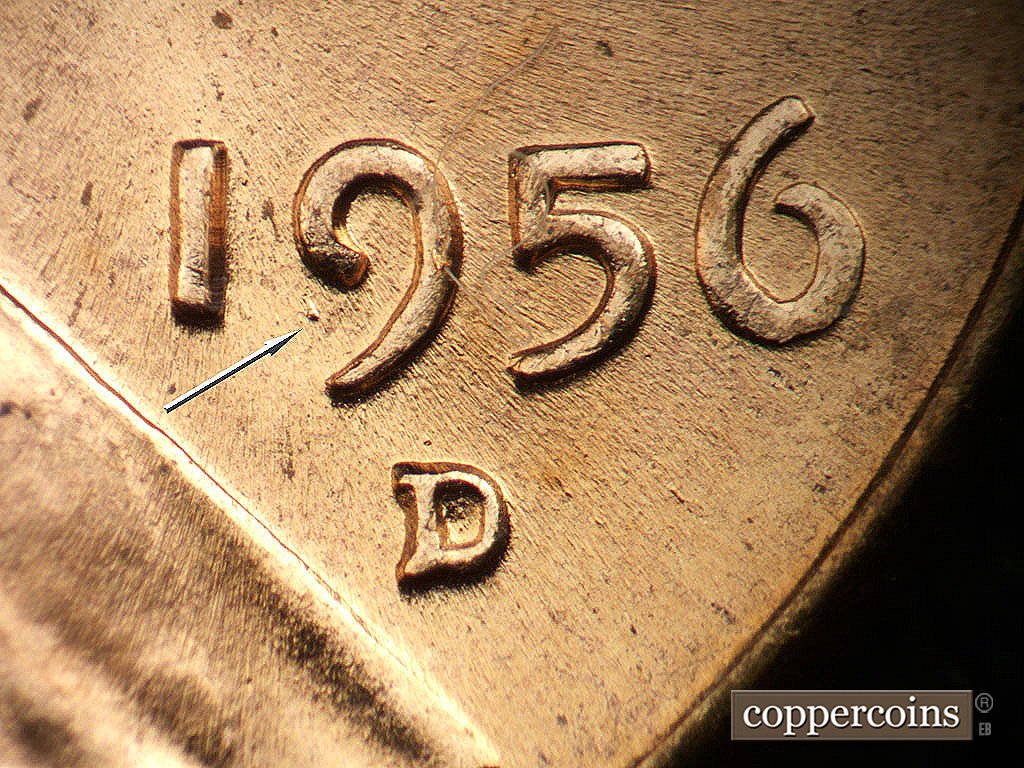 Die-stage B marker on 1956D•1DO•046 showing Die dot near 9 in date.