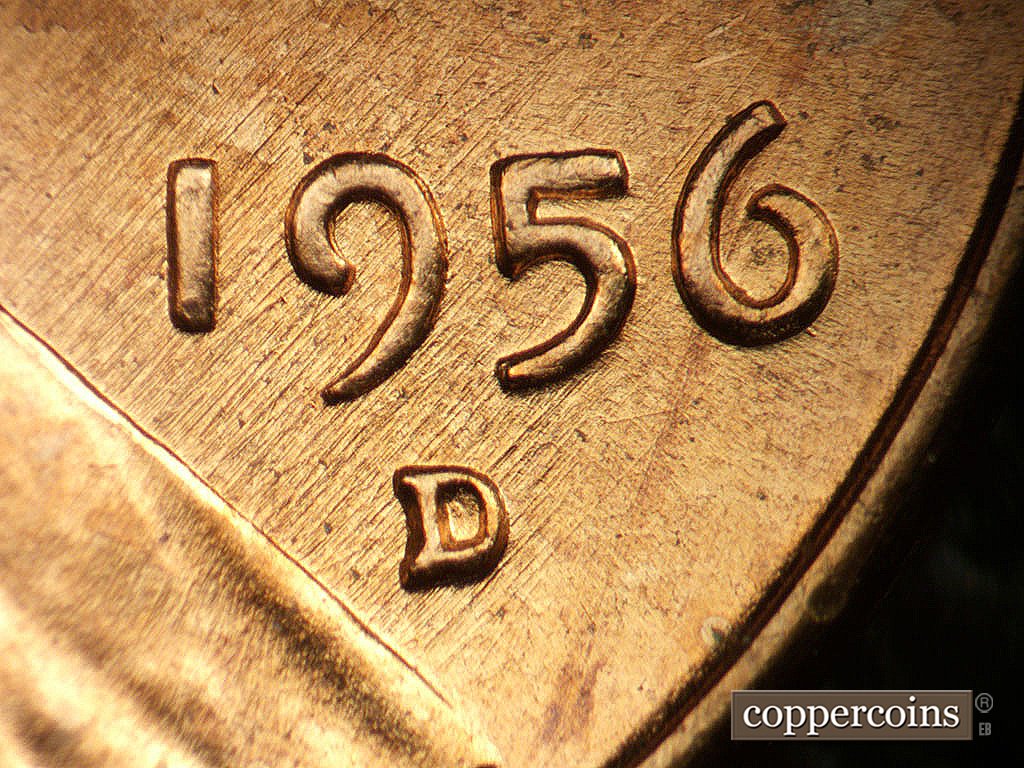 Die-stage B marker on 1956D•1DO•047 showing NE die scratches through date.