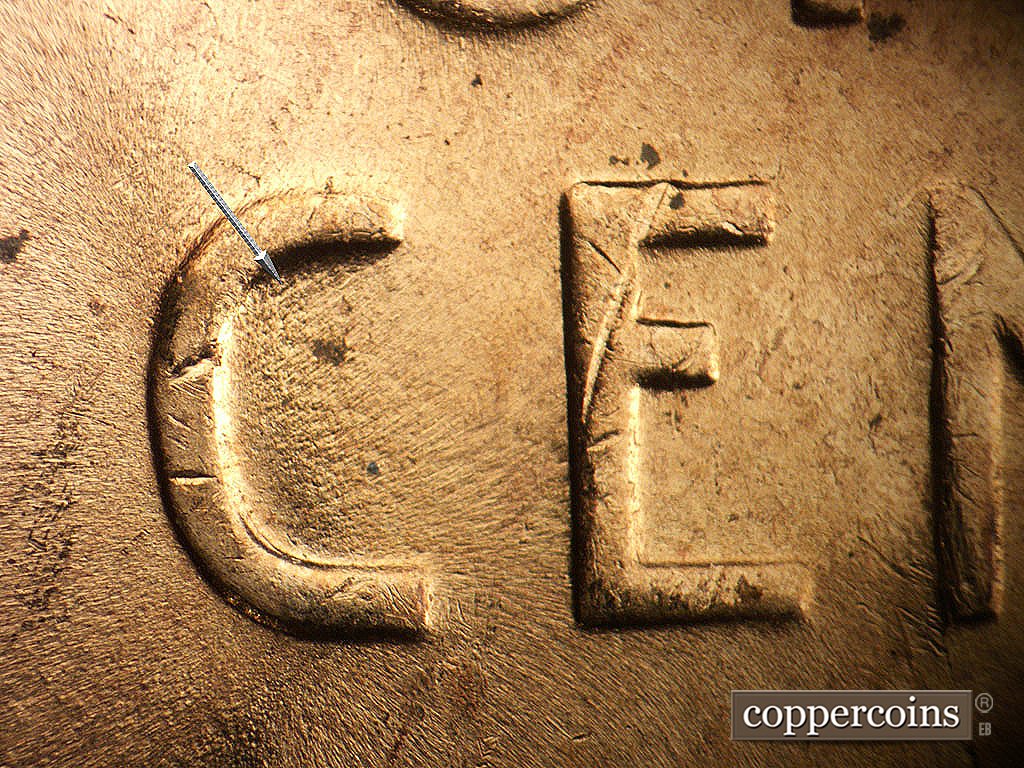 Die-stage B marker on 1956D•1DO•048 showing ENE die scratch in C of CENT.