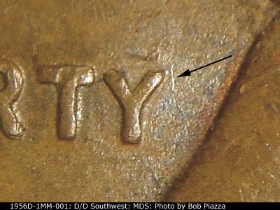 Die-stage B marker on 1956D•1MM•001 (1956 Repunched Mint Mark).