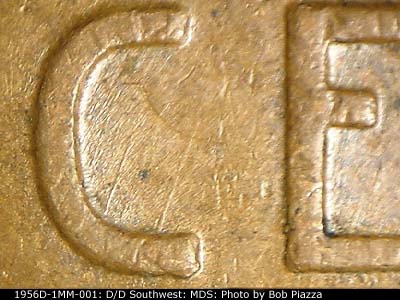 Die-stage B marker on 1956D•1MM•001 (1956 Repunched Mint Mark).