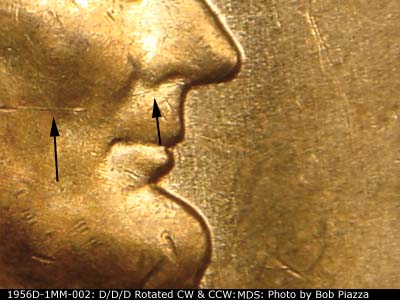 Die-stage B marker on 1956D•1MM•002 (1956 Repunched Mint Mark).