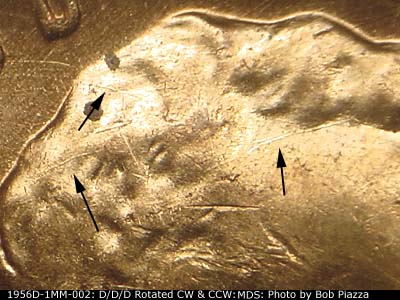 Die-stage B marker on 1956D•1MM•002 (1956 Repunched Mint Mark).