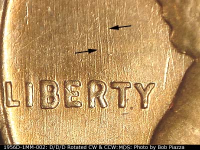 Die-stage B marker on 1956D•1MM•002 (1956 Repunched Mint Mark).