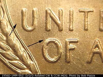Die-stage B marker on 1956D•1MM•002 (1956 Repunched Mint Mark).