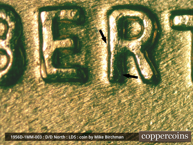 Die-stage C marker on 1956D•1MM•003 (1956 Repunched Mint Mark).