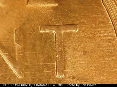 Die-stage B marker on 1956D•1MM•006 (1956 Repunched Mint Mark).