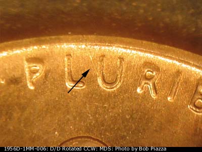 Die-stage B marker on 1956D•1MM•006 (1956 Repunched Mint Mark).