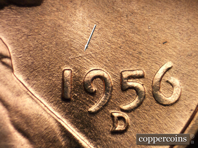 Die-stage A marker on 1956D•1MM•007 (1956 Repunched Mint Mark).