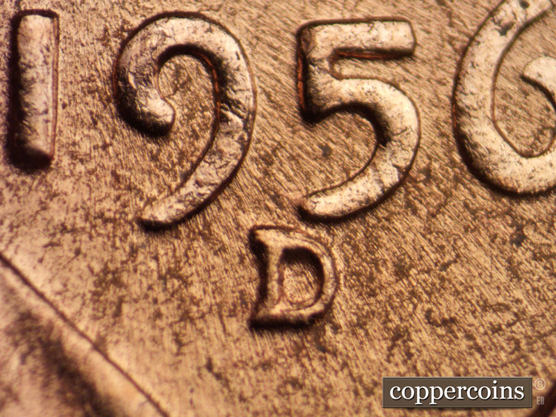 1956 Lincoln cent obverse, CopperCoins die 1956D•1MM•007.