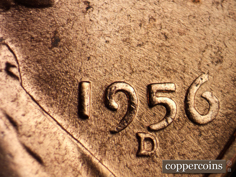 Die-stage B marker on 1956D•1MM•007 (1956 Repunched Mint Mark).