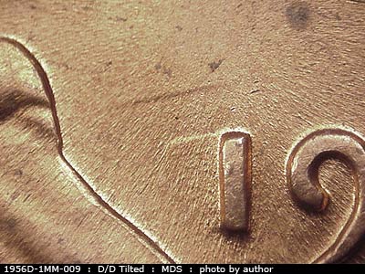 Die-stage B marker on 1956D•1MM•009 (1956 Repunched Mint Mark).