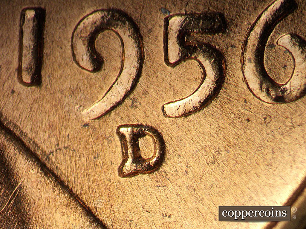 Die-stage B marker on 1956D•1MM•011 showing Closeup of mintmark.