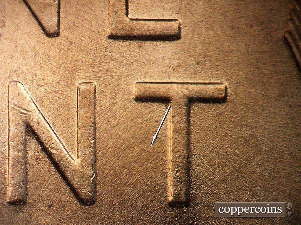 Die-stage B marker on 1956D•1MM•011 showing Light NW die scratch from T in CENT.