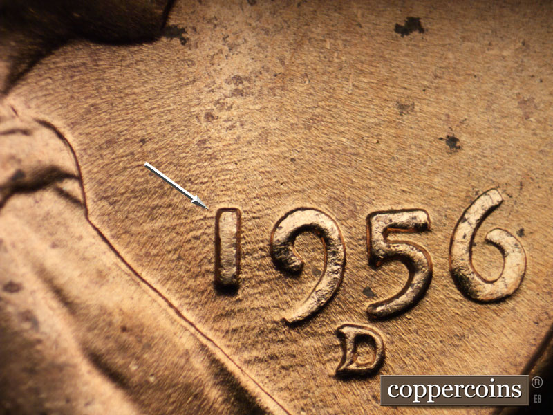 Die-stage B marker on 1956D•1MM•013 (1956 Repunched Mint Mark).