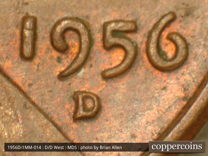 Die-stage B marker on 1956D•1MM•014 (1956 Repunched Mint Mark).
