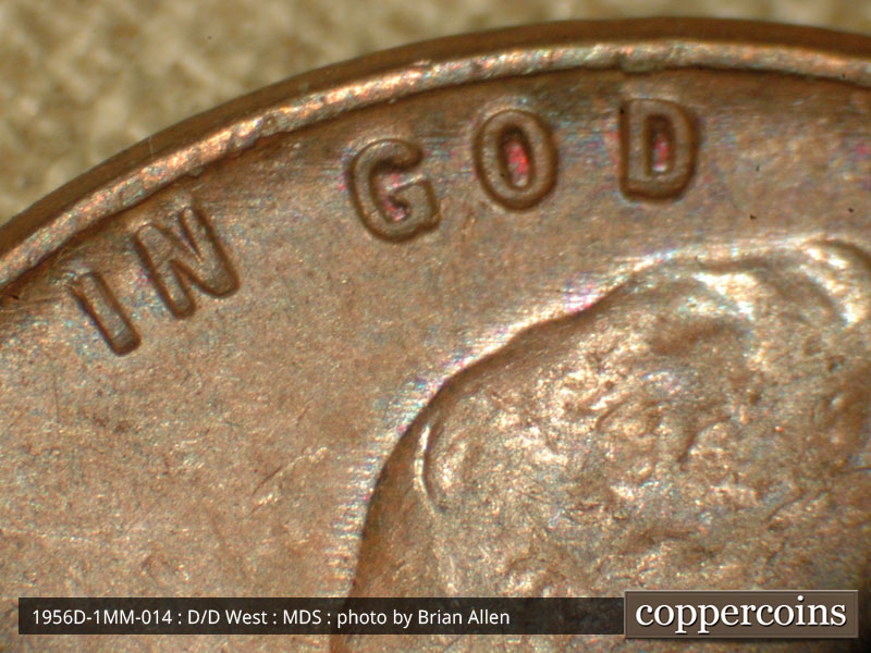 Die-stage B marker on 1956D•1MM•014 (1956 Repunched Mint Mark).