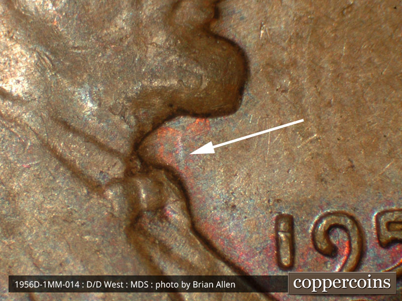 Die-stage B marker on 1956D•1MM•014 (1956 Repunched Mint Mark).