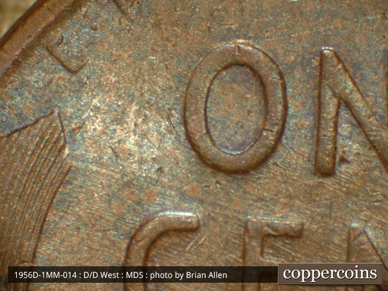 Die-stage B marker on 1956D•1MM•014 (1956 Repunched Mint Mark).