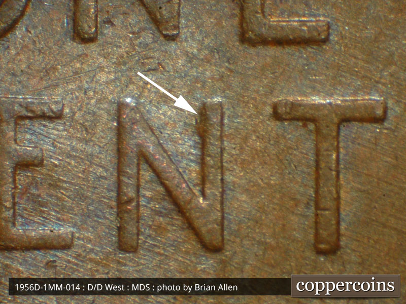 Die-stage B marker on 1956D•1MM•014 (1956 Repunched Mint Mark).