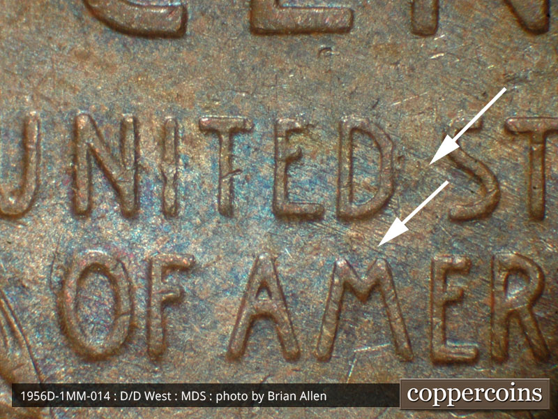Die-stage B marker on 1956D•1MM•014 (1956 Repunched Mint Mark).