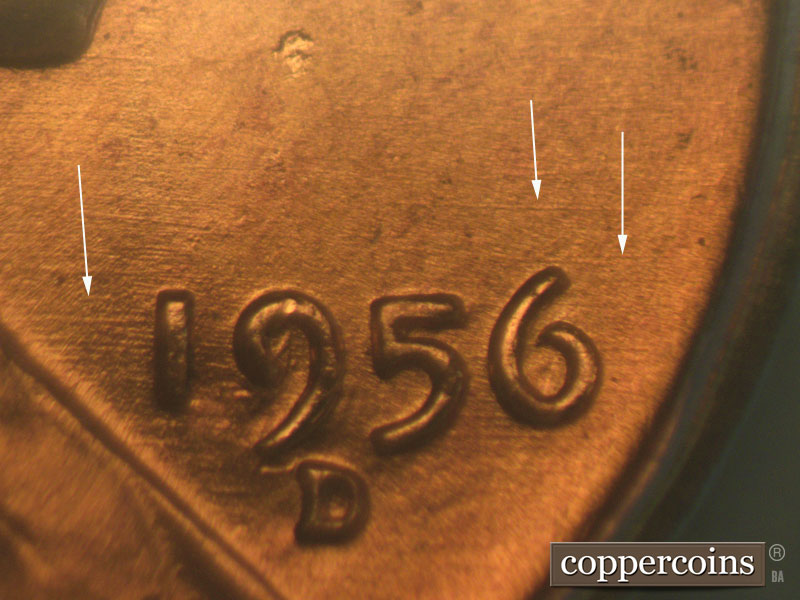 Die-stage A marker on 1956D•1MM•016 (1956 Repunched Mint Mark).