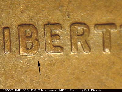 Die-stage B marker on 1956D•1MM•016 (1956 Repunched Mint Mark).