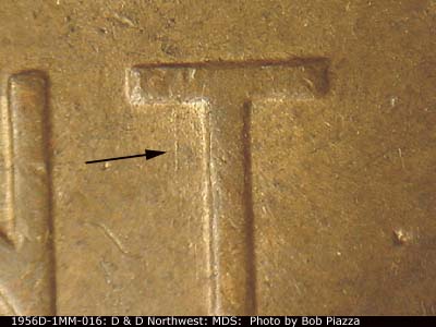 Die-stage B marker on 1956D•1MM•016 (1956 Repunched Mint Mark).
