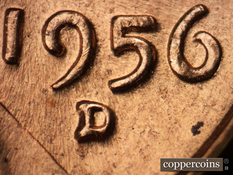 1956 Lincoln cent obverse, CopperCoins die 1956D•1MM•018.