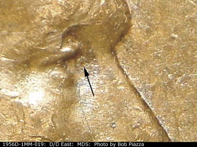 Die-stage B marker on 1956D•1MM•019 (1956 Repunched Mint Mark).
