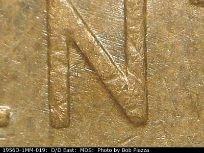 Die-stage B marker on 1956D•1MM•019 (1956 Repunched Mint Mark).