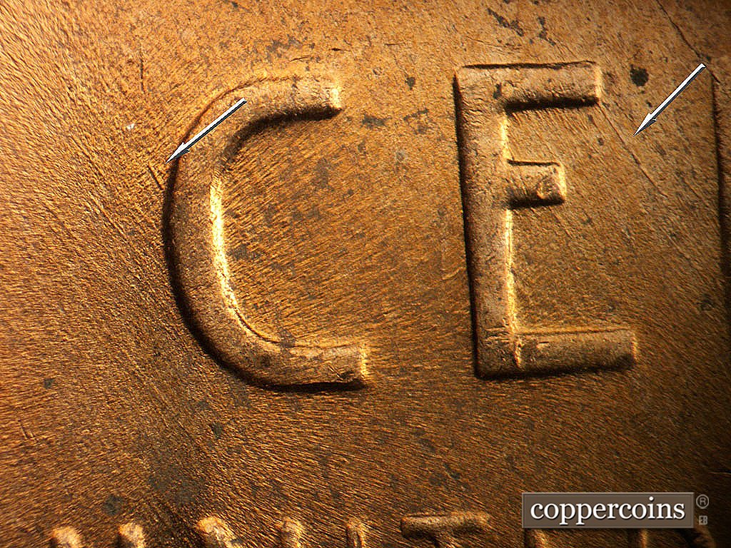 Die-stage C marker on 1956D•1MM•023 showing SE die scrates through CENT.